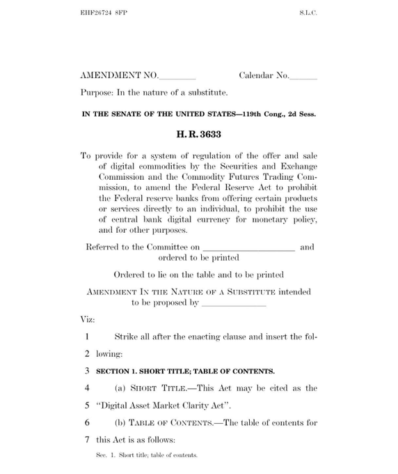 A document showing U.S. Senate Amendment text for H.R.3633 titled 'Digital Asset Market Clarity Act' related to regulation of digital commodities and central bank digital currency.