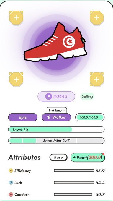 A screenshot from a sneaker NFT/shoe app showing an Epic Walker sneaker with Level 20, attributes including Efficiency 63.9, Luck 64.4, and Comfort 60.7, priced at 40443 with a Shoe Mint status of 2/7.