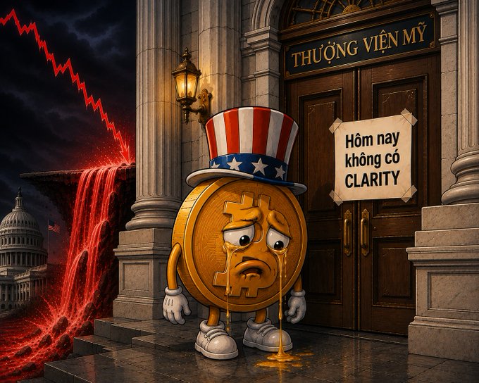 A political cartoon shows a sad Bitcoin coin wearing an Uncle Sam hat, crying outside a building labeled 'THƯỢNG VIỆN MỸ' (US Senate) with a sign reading 'Hôm nay không có CLARITY' (No clarity today), as a red waterfall of blood flows from the Capitol in the background.