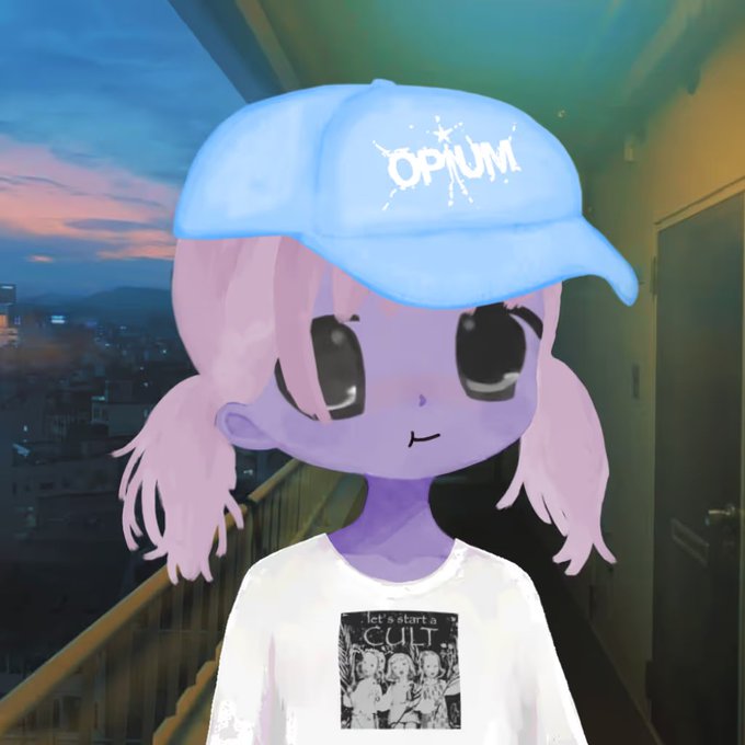 A digitally drawn cartoon character with pink pigtails, a purple complexion, and large glossy eyes wears a light blue "OPIUM" cap and a white tee reading "let's start a CULT." The anime-style selfie pairs with the post's crypto-gambling hype, with the "OPIUM" cap nodding to the speculative token while the cult-shirt cheekily frames the "never stop clicking" mentality.