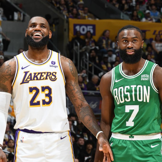 Two basketball players shown side by side: LeBron James in a Lakers #23 jersey on the left, and Jaylen Brown in a Celtics #7 Boston jersey on the right.