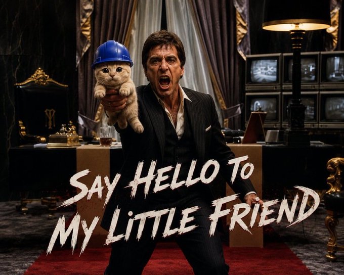 A man in a suit holds a kitten wearing a blue hard hat in an opulent office setting, with the text 'Say Hello To My Little Friend' styled like a Scarface parody.