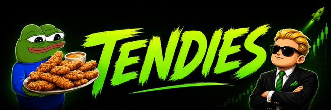 A community-designed banner for the "$TENDIES" meme coin features the iconic green Pepe frog in a blue suit holding a platter of chicken tenders beside a man in sunglasses and a suit, with the bold green "TENDIES" logo and a rocket blasting off in the background, symbolizing bullish "to the moon" momentum.