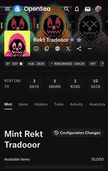 A mobile screenshot of OpenSea showing an NFT collection called 'Rekt Tradooor' by OSF, scheduled to mint in 2 days, with 10,000 available items.