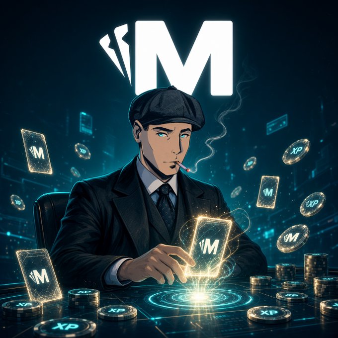 A digital illustration of a man in a suit and flat cap smoking a cigarette, surrounded by floating cards and coins labeled 'IM' and 'XP', with a large 'M' symbol glowing in the background.