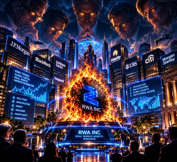 A dramatic digital illustration depicting 'RWA INC' (Real World Assets Onchain) with a burning Solana logo at the center, surrounded by major financial institutions like JPMorgan, BlackRock, Goldman Sachs, UBS, Citi, and Morgan Stanley, with screens highlighting 'RWA TOKEN' and asset categories including real estate and infrastructure.