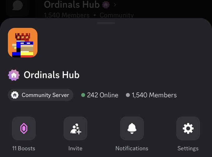 The image shows the Discord server profile page for "Ordinals Hub," a community server with 1,540 members and 242 currently online, supporting a Bitcoin Ordinals trading community. The "Discord open" post likely references this server as a destination for users interested in Ordinals, with an invite link available to join.
