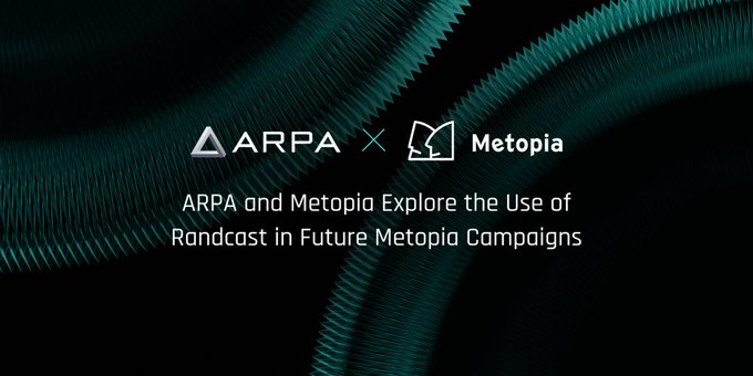 The image features a logo with two lines that form an arrow pointing towards each other. The text "ARPA x Metopia Explore the Use of Randcast in Future Metropia Campaigns" is displayed below the logo, indicating a collaboration between ARPA and Metopia for future campaigns.