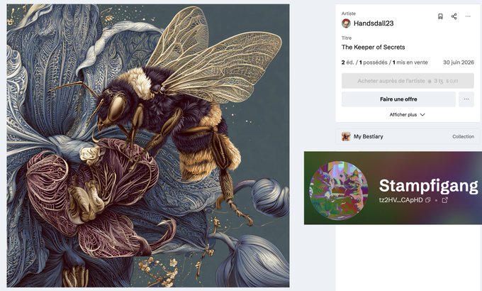 A digital art NFT titled "The Keeper of Secrets" by artist "Handsail123" on objkt.com, showing a detailed bumblebee perched on a blue flower, has been sold to collector "Stampfigang" (tz2HvL...CApHD) with 1 edition remaining at 3 XTZ.