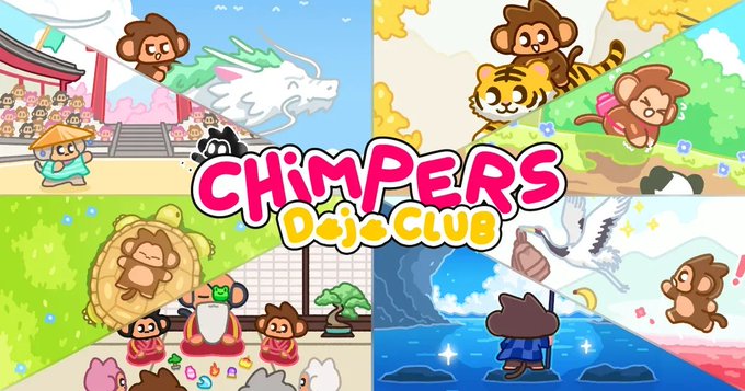 A colorful promotional banner for 'CHIMPERS DOJO CLUB' featuring cartoon monkeys in various scenes including a dragon, tiger, lion, and storm cloud.