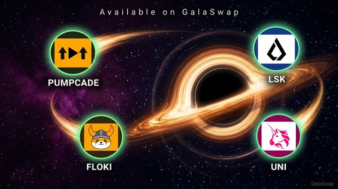 A promotional graphic for GalaSwap featuring a black hole in space as its centerpiece, showcasing four cryptocurrency tokens—PUMPCADE, LSK, FLOKI, and UNI—arranged around it with the text "Available on GalaSwap" displayed at the top. The cosmic visual design reinforces the post's message about trading these specific tokens on the GalaChain-based peer-to-peer swap platform.