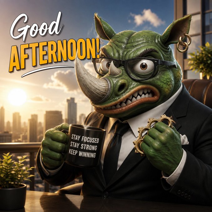 An AI-generated illustration of a green rhino-like creature in a suit and glasses holding a mug reading 'STAY FOCUSED STAY STRONG KEEP WINNING,' with 'Good Afternoon!' text.