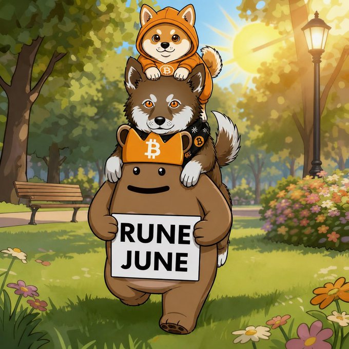 The image features a cartoon dog wearing an orange hoodie, standing on its hind legs with a sign that says "RUNE JUNE" written on it. The background of the image shows a park setting with trees and flowers. The caption at the bottom of the image reads "HAPPY RUNE JUNE $DOG @LeonidasNFT @lobothewolfpup @GRIZZY @BITCOIN_GRIZZY".