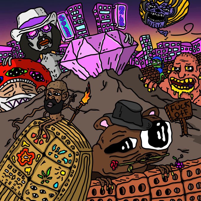 A chaotic, colorful cartoon illustration featuring a turtle, a bear in sunglasses and a fedora, a tiki-like figure, a 'MARS' sign, and a 'FUCK OFF' sign against a stylized cityscape.