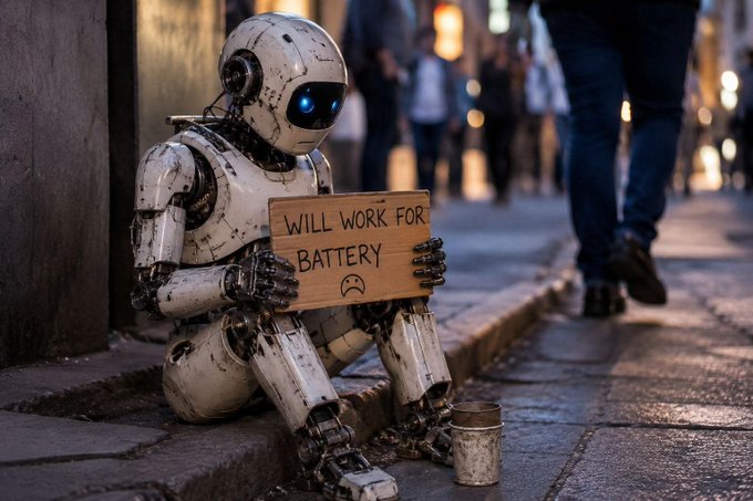 A weathered humanoid robot sits on a city sidewalk holding a cardboard sign that reads "WILL WORK FOR BATTERY" with a sad face drawn on it, a small tin cup placed beside it for donations. Pedestrians' legs are visible walking past in the background.