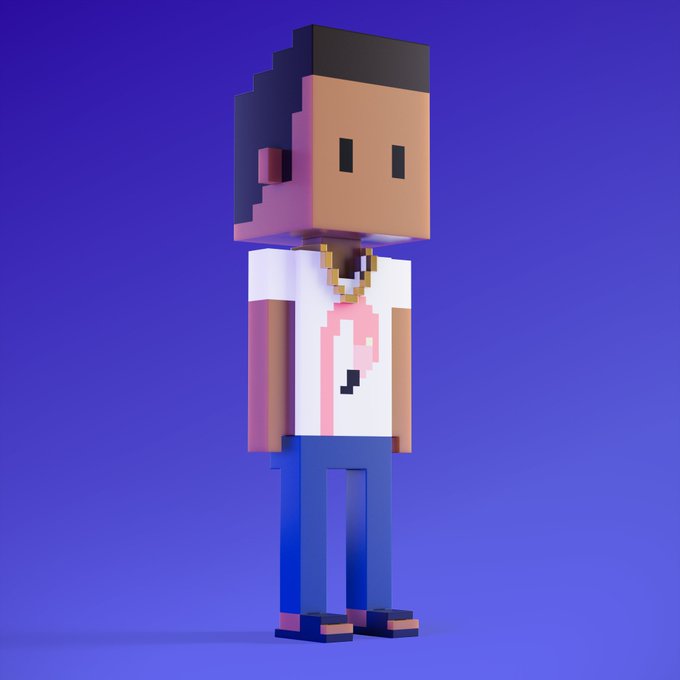 A 3D voxel-style character with a large head, wearing a white t-shirt with a pink design, blue pants, and a gold chain, standing against a solid purple background.