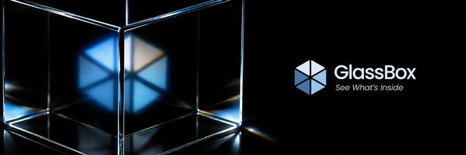 A dark advertisement for 'GlassBox' with the tagline 'See What's Inside', featuring an illuminated glass cube.