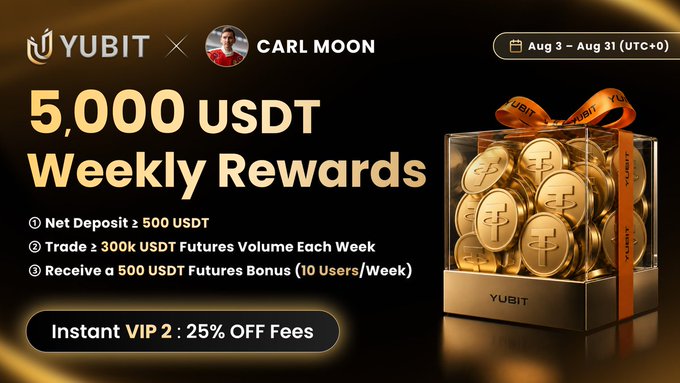 Promotional banner for a YUBIT × Carl Moon collaboration offering 5,000 USDT in weekly rewards (10 winners at 500 USDT each) to users who deposit ≥500 USDT and trade ≥300k USDT in futures between Aug 3–31, along with Instant VIP2 (25% off fees), matching the post's call-to-action highlighting exclusive community rewards on YUBIT Exchange.