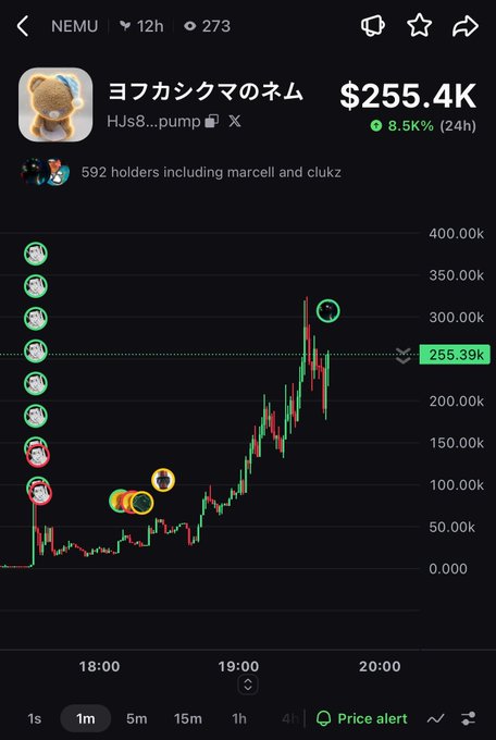 A cryptocurrency trading chart on a mobile app displays the token 'ヨフカシクマのネム' with a current price of $255.4K, showing a sharp upward price spike over time.