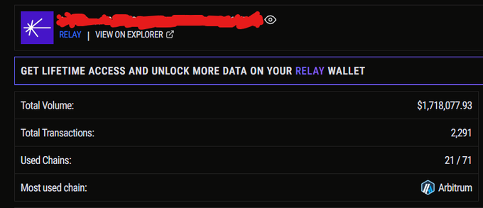 The image shows a Relay Protocol wallet dashboard displaying $1,718,077.93 in total volume across 2,291 transactions on 21/71 chains, with Arbitrum being the most used chain, which serves as proof of genuine usage to back up the user's request to be rewarded if a token launches.