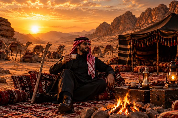 An AI-generated or digitally created image of a man wearing traditional Middle Eastern attire and a keffiyeh, sitting on patterned rugs by a campfire at sunset in a desert setting with camels and a tent in the background.