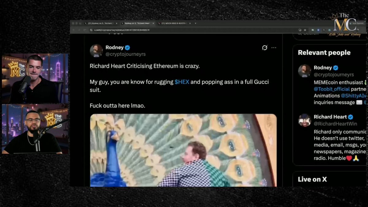 The image shows a computer screen displaying a conversation between two men, with one man typing out a message about Ethereum and another man responding with a funny comment. The text of the conversation includes mentions of Bitcoin, Ethereum, and a reference to Richard Heart's criticism of these digital currencies.