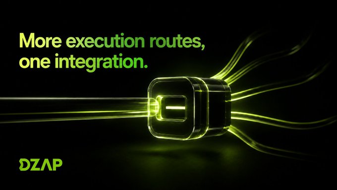 A dark promotional graphic featuring a glowing green cube with light trails streaming through it, alongside the text "More execution routes, one integration." and the "DZAP" logo.