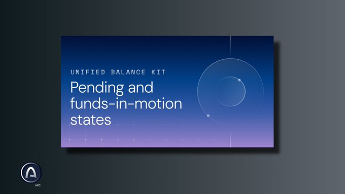 A presentation slide displays 'UNIFIED BALANCE KIT' and 'Pending and funds-in-motion states' against a blue-to-purple gradient background, featuring an ARC logo in the corner.