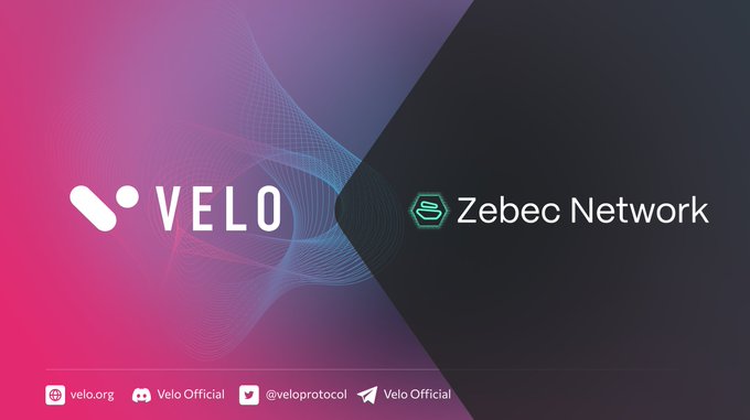 The image is a promotional graphic featuring the Velo logo on the left side against a pink and blue gradient background, alongside the Zebec Network logo on the right side in a dark hexagonal design. At the bottom, it displays Velo's social handles (veloprotocol, Velo Official, @veloprotocol, Velo Official) and website (velo.org), visually highlighting the partnership between Velo and Zebec Network that enables the Velo Debit Card worldwide spending mentioned in the post.