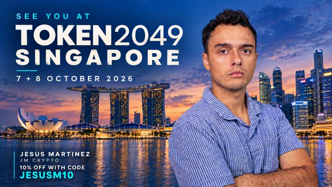 A promotional graphic for the 'TOKEN2049 SINGAPORE' event on '7 + 8 OCTOBER 2026' features a man in a blue striped shirt standing before the Singapore skyline, advertising a 10% off code 'JESUSM10' from Jesus Martinez.
