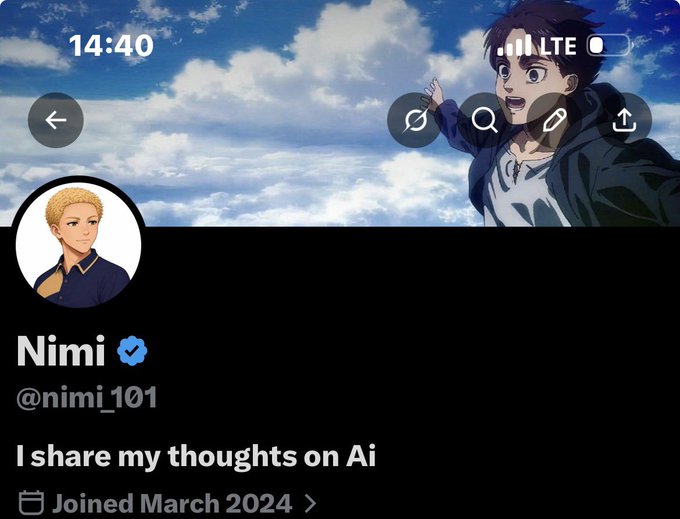 A social media profile screen for 'Nimi' (@nimi_101) with bio 'I share my thoughts on Ai', joined March 2024, featuring an anime character as the banner.