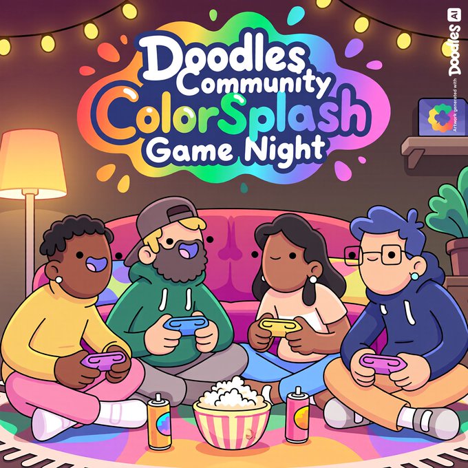 Colorful illustration for the 'Doodles Community ColorSplash Game Night' showing four diverse cartoon characters sitting on the floor playing video games with popcorn and soda.