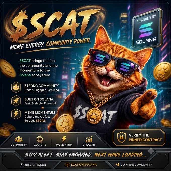 A promotional graphic for the $SCAT meme token on the Solana blockchain features a cartoon cat wearing sunglasses and a hoodie, with text highlighting 'MEME ENERGY. COMMUNITY POWER.' and bullet points for Strong Community, Built on Solana, and Meme Momentum.