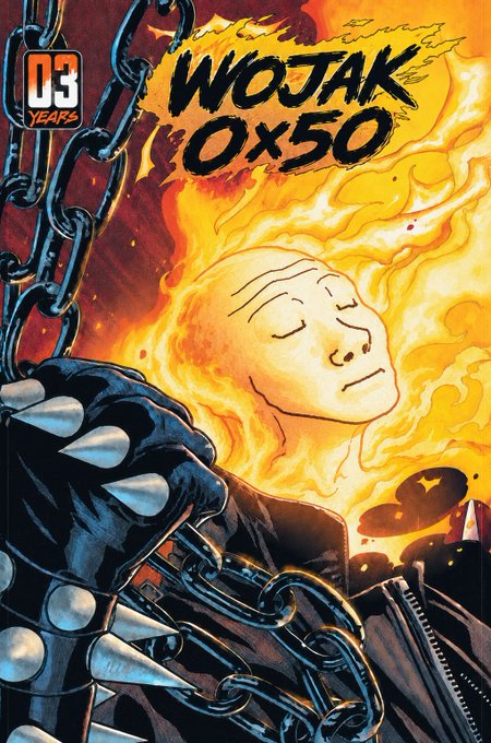 A stylized 'Wojak' meme artwork depicts a flaming-headed character breaking free from chains and a spiked gauntlet, with bold text reading 'WOJAK 0x50' and a '03 YEARS' logo in the corner.