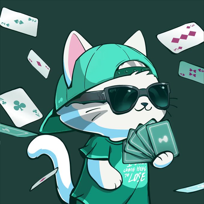 A cartoon illustration of a cool-looking white cat character wearing a green backwards cap, black sunglasses, and a green t-shirt reading 'come here to LOSE', holding playing cards with several other cards floating around it on a dark green background.