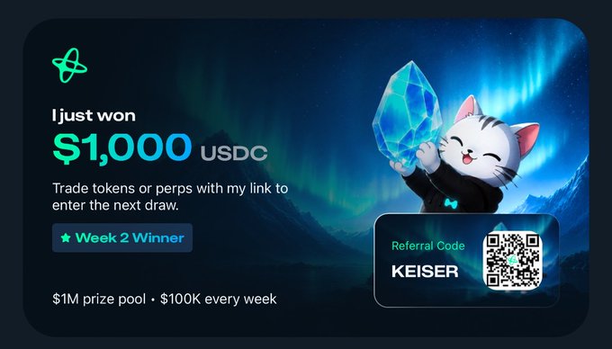 A promotional graphic for a crypto giveaway showing a cat holding a blue crystal, with text 'I just won $1,000 USDC', 'Week 2 Winner', and a referral code 'KEISER' alongside a QR code.