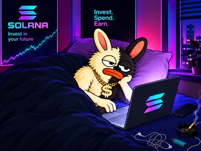 A cartoon illustration of a dog wearing a gold chain with a dollar sign pendant, sitting in bed on a laptop showing the Solana logo, with text 'SOLANA Invest in your future' and 'Invest. Spend. Earn.'