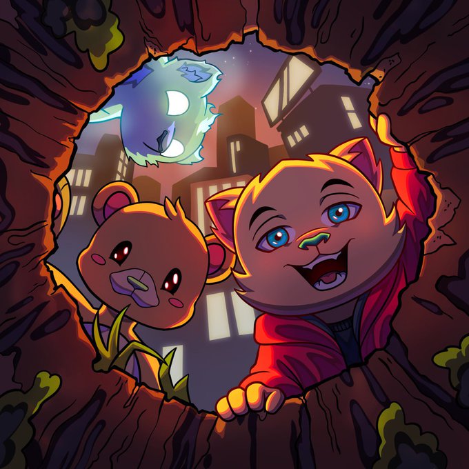 A vibrant illustration shows two cartoon bear-like characters and a glowing ghost peeking out from a cave or sewer opening toward urban buildings at dusk, with the joyful bear in a red hoodie directly tying to the "Kabu Sweep Event" by representing the cute, collectible nature of the KABU NFTs being given away.