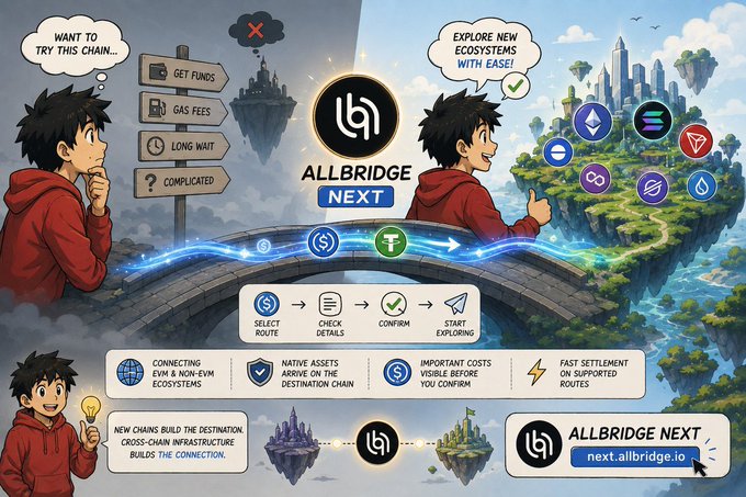 A promotional graphic for 'ALLBRIDGE NEXT' (next.allbridge.io), showing a cartoon character contemplating blockchain issues like 'GET FUNDS,' 'GAS FEES,' 'LONG WAIT,' and 'COMPLICATED,' then happily bridging to a new ecosystem, with steps: SELECT ROUTE, CHECK DETAILS, CONFIRM, START EXPLORING.