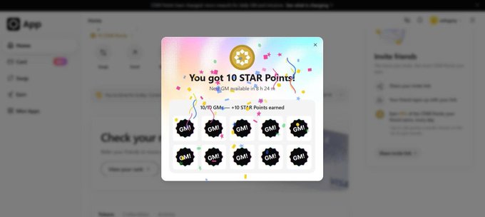 A digital rewards popup for 'GM' that announces 'You got 10 STAR Points', showing 10 collectible black tokens labeled 'GMI' and displaying the account 'gm.dojo.eth'.
