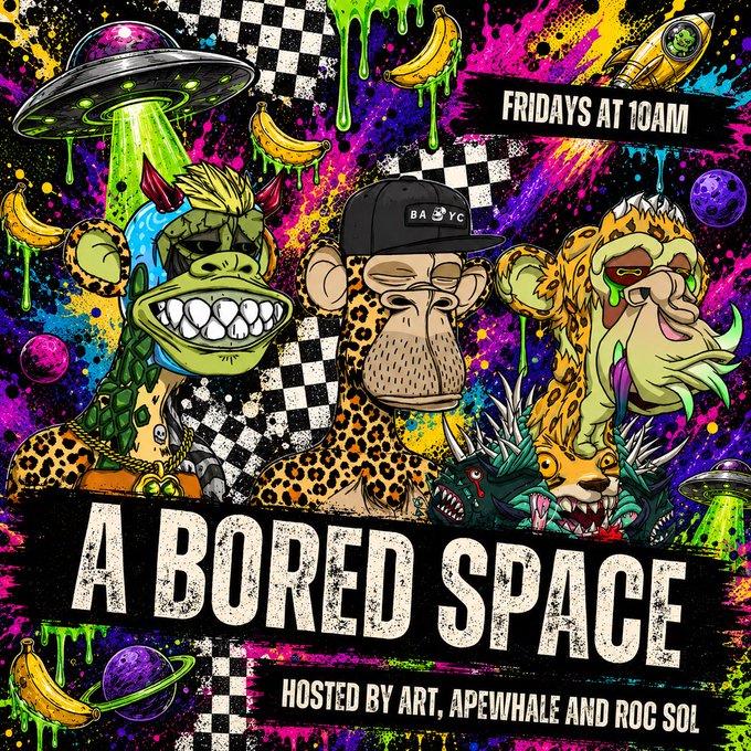 The image features a poster for an event called "A Bored Space" that takes place at 10 AM on Friday, October 13th. The poster includes illustrations of three cartoon monkeys wearing hats with various colors such as green, blue, red, yellow, and purple. The background is black and white, but there are splatters of paint in the top left corner adding a vibrant touch to the overall design. The text on the poster reads "A Bored Ape Space" and includes the names of the artists who contributed to the artwork: "@ArtFrogling & @rocsolmiami".
