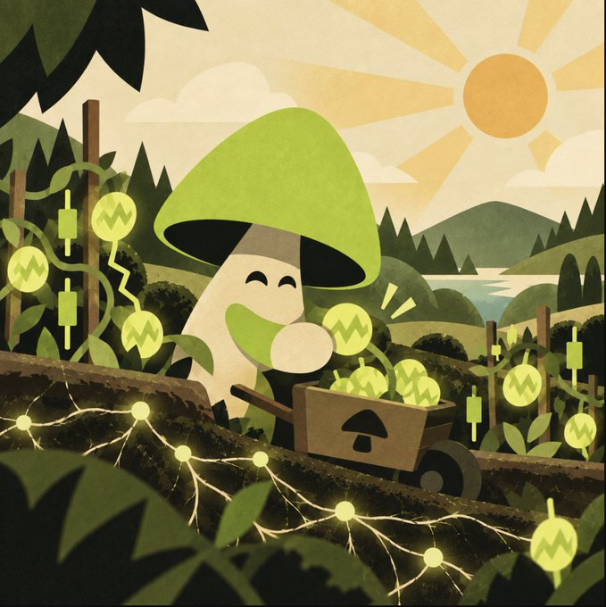 A cheerful mushroom character wearing a green cap gleefully harvests glowing "$SHROOM" tokens while pushing a wheelbarrow, with roots below symbolizing compounding growth—perfectly illustrating how the SHROOM token thrives on market volatility, collecting fees regardless of whether prices rise or fall.