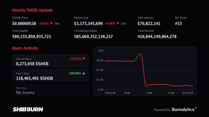 A 'SHIBBURN' dashboard displays an 'Hourly SHIB Update' showing SHIB price at $0.00000538, market cap, and a 'Burn Activity' chart indicating 8,273,038 $SHIB burned in the past 24 hours.