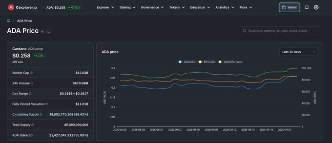 A screenshot from Coinglass showing the ADA Price chart with a current value of $0.258, up +5.72%, displaying market cap and other Cardano statistics.