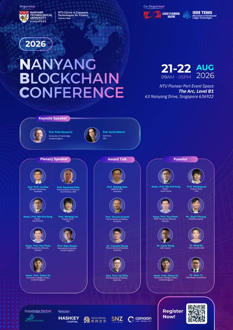 A promotional poster for the '2026 Nanyang Blockchain Conference' scheduled for 21-22 August at NTU Pioneer, featuring keynote speakers Prof. Polin Beronovett and Prof. Muriel Medard, alongside plenary speakers, award talks, and panelists.