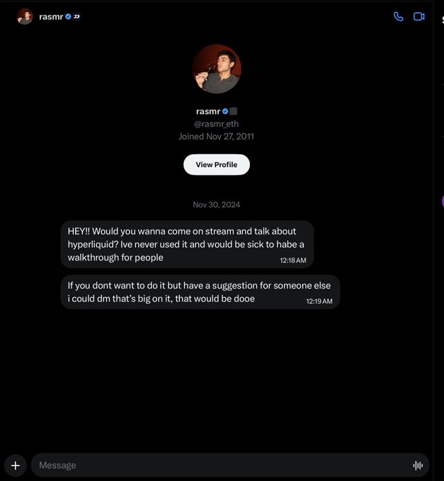 A screenshot of a Twitter/X DM conversation where user @rasmr.eth (joined Nov 27, 2011) is invited to come on stream to discuss "hyperliquid" and provide a walkthrough for viewers, with a secondary message asking for a referral to someone knowledgeable on the topic.