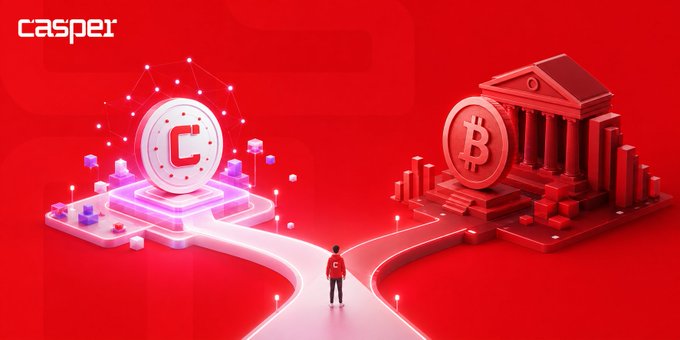 A Casper-branded graphic shows a figure choosing between a path toward a crypto coin and a Bitcoin-themed bank, symbolizing stablecoins versus Bitcoin. The image also displays “Casper,” “C,” and “B” imagery, reinforcing the post’s focus on Casper providing infrastructure for crypto payments.
