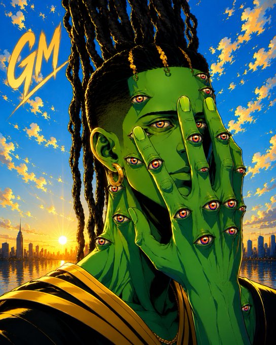The image features an illustration of a person with green skin and dreadlocks wearing a gold outfit. The background shows a city skyline at sunset, creating a serene atmosphere. The caption reads "GM frens! Traditional banking rewards give you fractional percentages back in devaluing fiat currency. It is time for a payment network that actually builds your wealth. @useTria is exploring a different model."