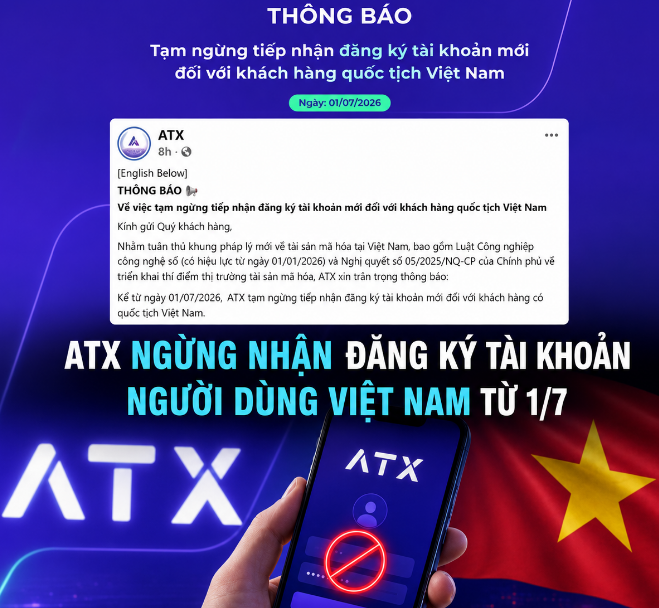 The image is a Vietnamese-language announcement from cryptocurrency exchange ATX stating that, effective July 1, 2026 (01/07/2026), they will temporarily suspend new account registrations for Vietnamese customers, citing compliance with local regulations on anti-money laundering and cryptography. The post interprets this as another crypto exchange exiting Vietnam ahead of the official VASP regulatory framework, sparking debate over whether this represents healthy market cleansing or reduces options for Vietnamese users.