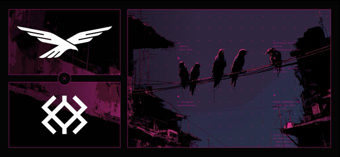 A dark purple-toned digital artwork showing silhouettes of birds perched on wires in a cityscape, accompanied by two white logo symbols on the left side of the image.